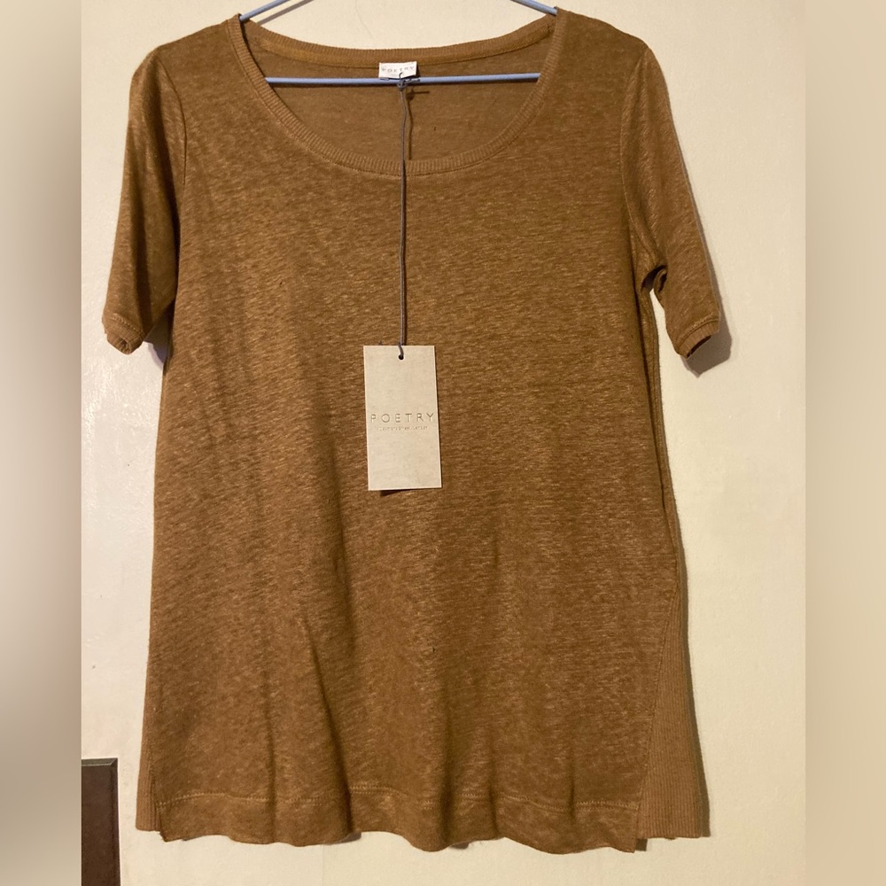NWT Poetry Scoop-neck linen t-shirt, tan, size UK 6, US 2